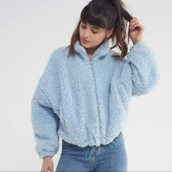 Urban Outfitters Jackets & Blazers - URBAN OUTFITTERS SKY BLUE DRAWSTRING TEDDY JACKET